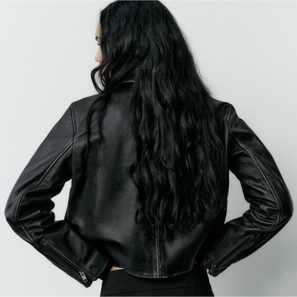 ~ SOLD 📦 New!! ZARA Distressed Cropped Genuine Leather Jacket - Picture 7 of 10